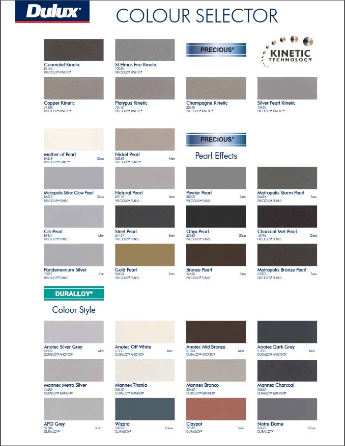 Aluminium Joinery Colour Chart