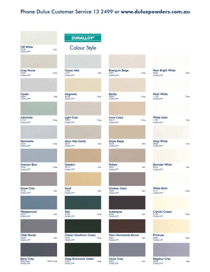 Dulux Duralloy Powder Coat Colour Chart