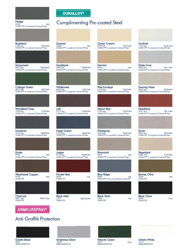 Aluminium Joinery Colour Chart